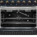 Interior view of the Forno Antico 36-Inch Dual Fuel Range oven, featuring a spacious blue enamel cavity, convection fan, and durable oven racks designed for multi-level cooking.