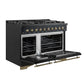 Angled front view of the Forno Antico 48-Inch Gas Range with both oven doors open, revealing spacious blue enamel interiors, convection fans, and multiple heavy-duty oven racks.