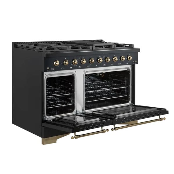 Angled front view of the Forno Antico 48-Inch Gas Range with both oven doors open, revealing spacious blue enamel interiors, convection fans, and multiple heavy-duty oven racks.