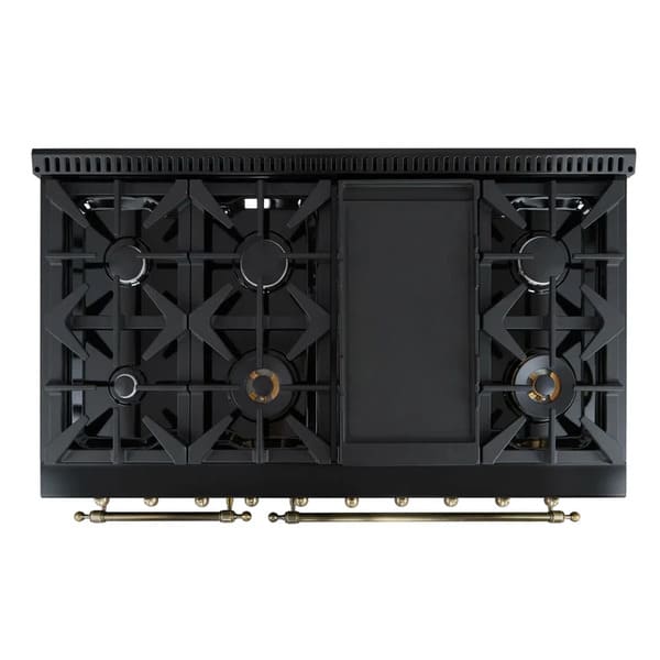 Top-down view of the Forno Antico 48-Inch Gas Range cooktop, showcasing eight brass burners, heavy-duty cast iron grates, and a sleek stainless steel surface for high-performance cooking.