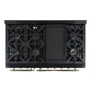 Top-down view of the Forno Antico 48-Inch Gas Range cooktop, showcasing eight brass burners, heavy-duty cast iron grates, and a sleek stainless steel surface for high-performance cooking.