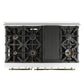 Top-down view of the Forno Antico 48-Inch Gas Range in white, showcasing eight brass burners, heavy-duty cast iron grates, and a sleek matte white surface for a high-performance cooktop.