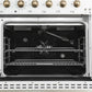 Interior view of the main oven in the Forno Antico 48-Inch Gas Range in white, featuring a vibrant blue enamel cavity, convection fan, and multi-level heavy-duty oven racks for versatile baking and roasting.