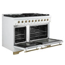 Left-angled front view of the Forno Antico 48-Inch Gas Range in white with both oven doors open, revealing spacious blue enamel interiors, convection fans, and heavy-duty oven racks.