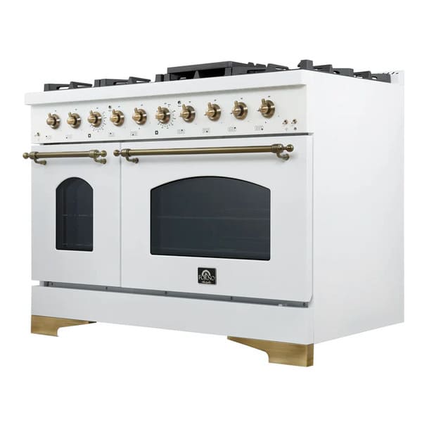 Right-angled front view of the Forno Antico 48-Inch Gas Range in white, showcasing its sophisticated matte white finish, eight brass burners, and dual ovens with pro-style controls and handles.