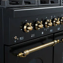 Close-up view of the control knobs on the Forno Antico 48-Inch Gas Range, featuring polished brass bezels, stainless steel knobs, and precision temperature markings for professional cooking control.