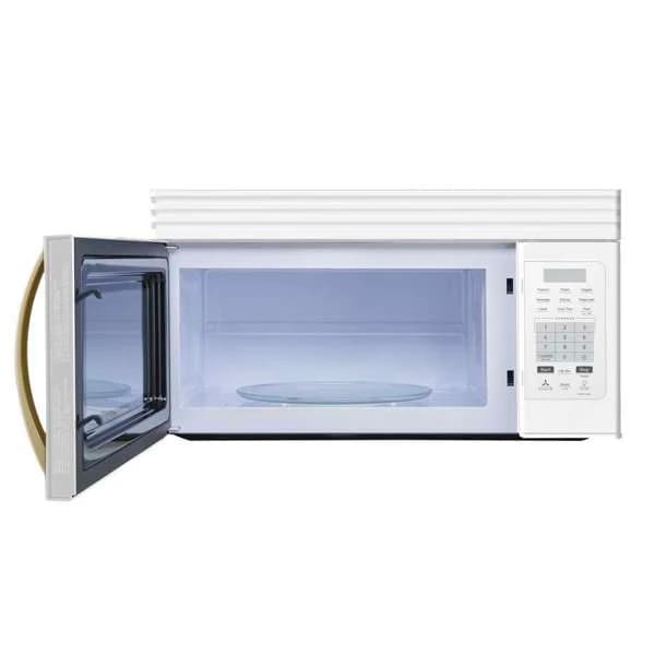 Front view of Forno FOTR3007 30-Inch Over-the-Range Microwave White model with door open, showing interior cavity and turntable