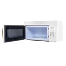 Right angle view of Forno FOTR3007 30-Inch Over-the-Range Microwave in White with door open, showcasing spacious interior and sleek design