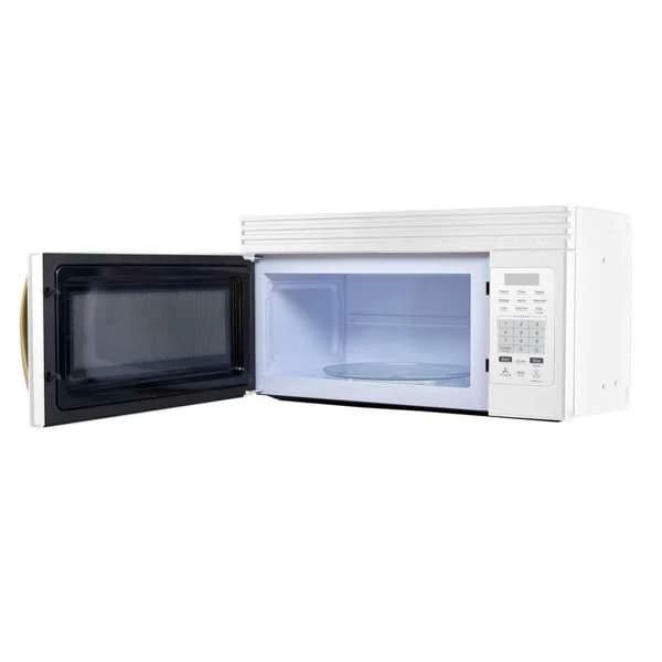 Right angle view of Forno FOTR3007 30-Inch Over-the-Range Microwave in White with door open, showcasing spacious interior and sleek design