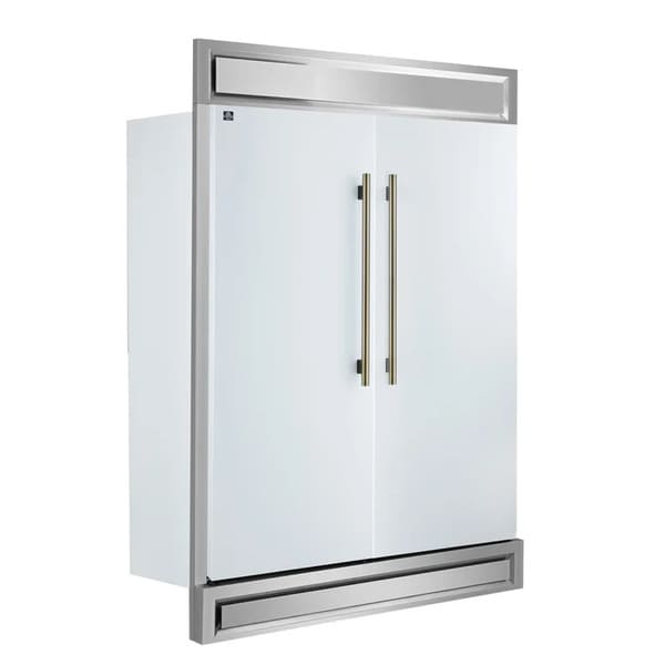 Angled front view of FORNO Maderno 60-Inch Convertible Refrigerator-Freezer with decorative trim, featuring sleek stainless steel French doors and professional built-in design.