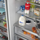 Close-up of lower drawer on FORNO Maderno 60-Inch Convertible Refrigerator-Freezer, showcasing smooth glide tracks, stainless steel finish, and deep storage capacity.