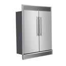 Angled side view of FORNO Maderno 60-Inch Convertible Refrigerator-Freezer in stainless steel with decorative trim, showcasing French doors and modern pro-style design.