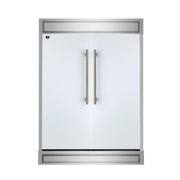 FORNO Maderno 60-Inch Convertible Refrigerator-Freezer in stainless steel with decorative trim, featuring French doors and professional built-in style.