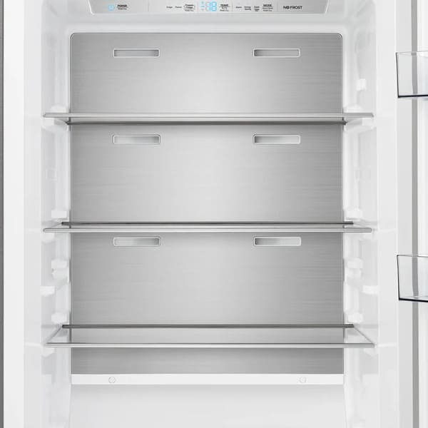 Interior view of FORNO Maderno Convertible Refrigerator-Freezer showing adjustable glass shelves and spacious stainless steel storage layout.