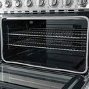 Angled interior view of the Forno Paolo 36-Inch Electric Range with Convection Oven, showing blue enamel oven cavity, convection fan, and heavy-duty racks for multi-level cooking.