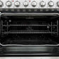 Close-up view of the interior of the Forno Paolo 36-Inch Electric Range with Convection Oven, highlighting the convection fan, blue enamel cavity, and durable oven racks.