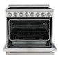 Front view of the Forno Paolo 36-Inch Electric Range with Convection Oven and oven door open, showcasing the spacious interior, convection fan, and heavy-duty oven racks.