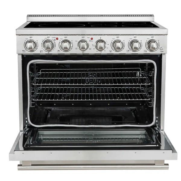 Front view of the Forno Paolo 36-Inch Electric Range with Convection Oven and oven door open, showcasing the spacious interior, convection fan, and heavy-duty oven racks.