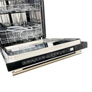 Left-angle view of the Forno Pozzo 24-Inch Built-In Dishwasher with the door open, showing spacious interior racks and sleek stainless-steel design.