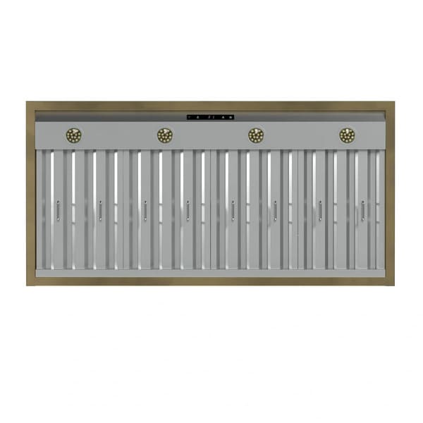 Bottom view of the Forno Vittorio 48-Inch Wall Mount Range Hood in black, featuring integrated LED lights and stainless steel baffle filters set into a matte black underside with antique brass detailing for both function and style.