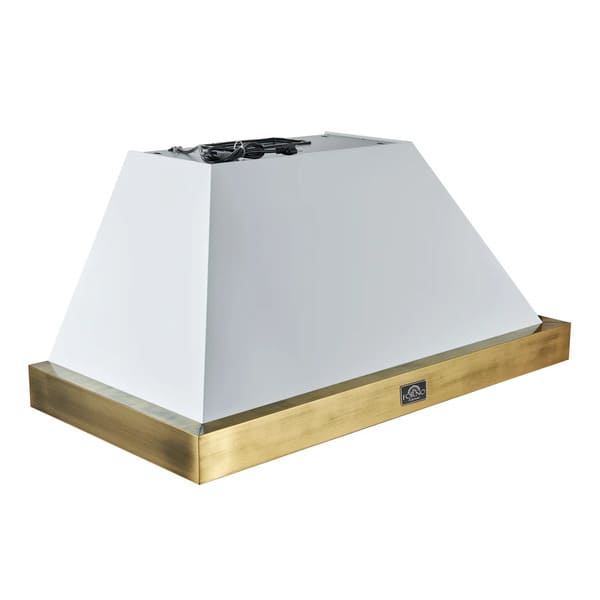 Angled view of the Forno Vittorio 48-Inch Wall Mount Range Hood in white, showcasing its sleek, tapered canopy with antique brass trim and integrated stainless steel baffle filters for a stylish and high-performance kitchen ventilation solution.