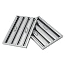 Close-up of the stainless steel baffle filters on the Forno Vittorio 48-Inch Wall Mount Range Hood in white, designed for effective smoke and grease capture, framed by a white finish and accented with antique brass trim for a clean, professional look.