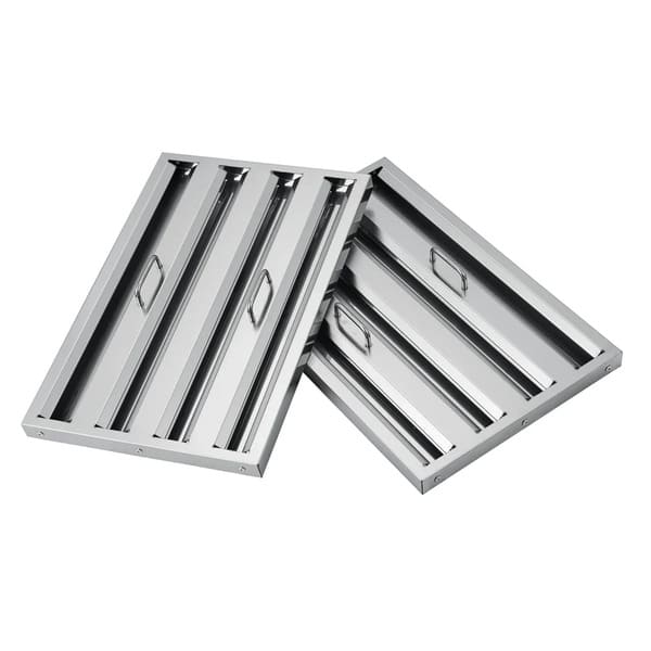 Close-up of the stainless steel baffle filters on the Forno Vittorio 48-Inch Wall Mount Range Hood in white, designed for effective smoke and grease capture, framed by a white finish and accented with antique brass trim for a clean, professional look.