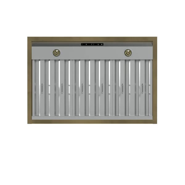 Bottom view of the Forno Vittorio Wall Mount Range Hood, highlighting the stainless steel baffle filters, integrated LED lights, and sleek underside design for efficient ventilation and illumination over the cooktop.