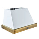 Front left angled view of the Forno Vittorio Wall Mount Range Hood in white, featuring a tapered design with antique brass trim, visible stainless steel baffle filters, and a central control panel for a stylish and efficient kitchen upgrade.