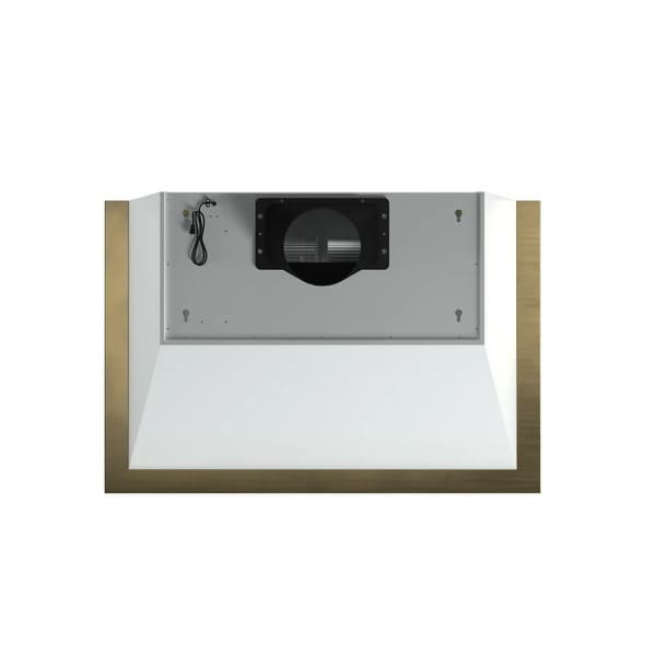 Top view of the Forno Vittorio Wall Mount Range Hood in white, highlighting the smooth chimney structure and clean edges, with a crisp white finish and subtle antique brass detailing for a refined, modern aesthetic.