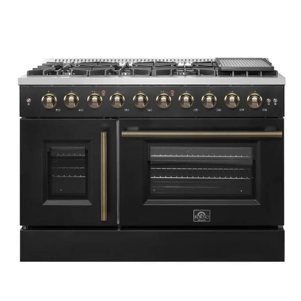 FORNO Galiano 48-Inch French Door Gas Range with 8 Burners and 6.58 Cu. Ft. Convection Oven in Black/White with Antique Brass Trim - MyBBQDirect