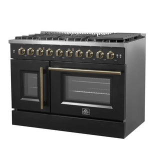 FORNO Galiano 48-Inch French Door Gas Range with 8 Burners and 6.58 Cu. Ft. Convection Oven in Black/White with Antique Brass Trim - MyBBQDirect