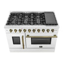 FORNO Galiano 48-Inch French Door Gas Range with 8 Burners and 6.58 Cu. Ft. Convection Oven in Black/White with Antique Brass Trim - MyBBQDirect