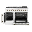 FORNO Galiano 48-Inch French Door Gas Range with 8 Burners and 6.58 Cu. Ft. Convection Oven in Black/White with Antique Brass Trim - MyBBQDirect