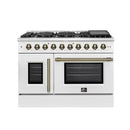 FORNO Galiano 48-Inch French Door Gas Range with 8 Burners and 6.58 Cu. Ft. Convection Oven in Black/White with Antique Brass Trim - MyBBQDirect