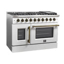 FORNO Galiano 48-Inch French Door Gas Range with 8 Burners and 6.58 Cu. Ft. Convection Oven in Black/White with Antique Brass Trim - MyBBQDirect
