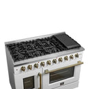 FORNO Galiano 48-Inch French Door Gas Range with 8 Burners and 6.58 Cu. Ft. Convection Oven in Black/White with Antique Brass Trim - MyBBQDirect