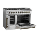 FORNO Galiano 48-Inch French Door Gas Range with 8 Burners and 6.58 Cu. Ft. Convection Oven in Black/White with Antique Brass Trim - MyBBQDirect