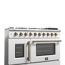 FORNO Galiano 48-Inch French Door Gas Range with 8 Burners and 6.58 Cu. Ft. Convection Oven in Black/White with Antique Brass Trim - MyBBQDirect