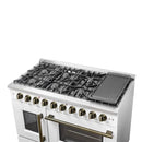 FORNO Galiano 48-Inch French Door Gas Range with 8 Burners and 6.58 Cu. Ft. Convection Oven in Black/White with Antique Brass Trim - MyBBQDirect