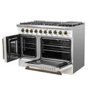 FORNO Galiano 48-Inch French Door Gas Range with 8 Burners and 6.58 Cu. Ft. Convection Oven in Black/White with Antique Brass Trim - MyBBQDirect