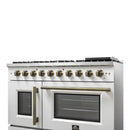 FORNO Galiano 48-Inch French Door Gas Range with 8 Burners and 6.58 Cu. Ft. Convection Oven in Black/White with Antique Brass Trim