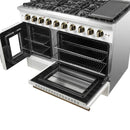FORNO Galiano 48-Inch French Door Gas Range with 8 Burners and 6.58 Cu. Ft. Convection Oven in Black/White with Antique Brass Trim - MyBBQDirect
