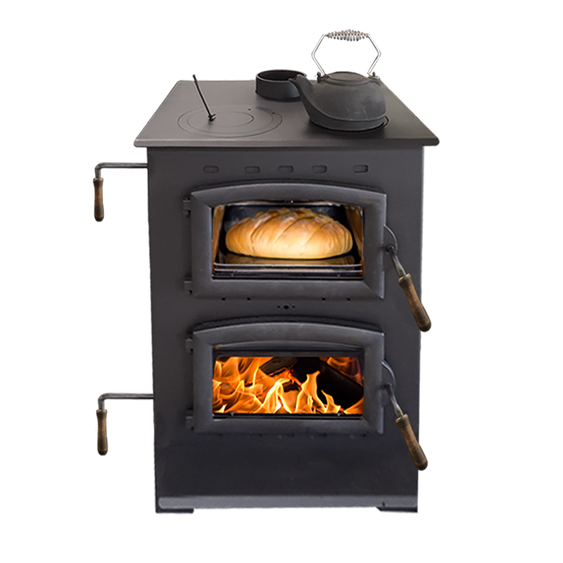 Buck Stove Homesteader wood cook stove with oven door open and cooktop