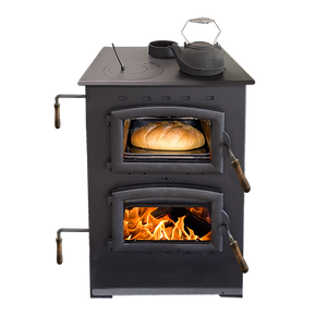 Buck Stove Homesteader wood cook stove with oven door open and cooktop