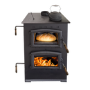Buck Stove Homesteader wood cook stove with oven door open and cooktop
