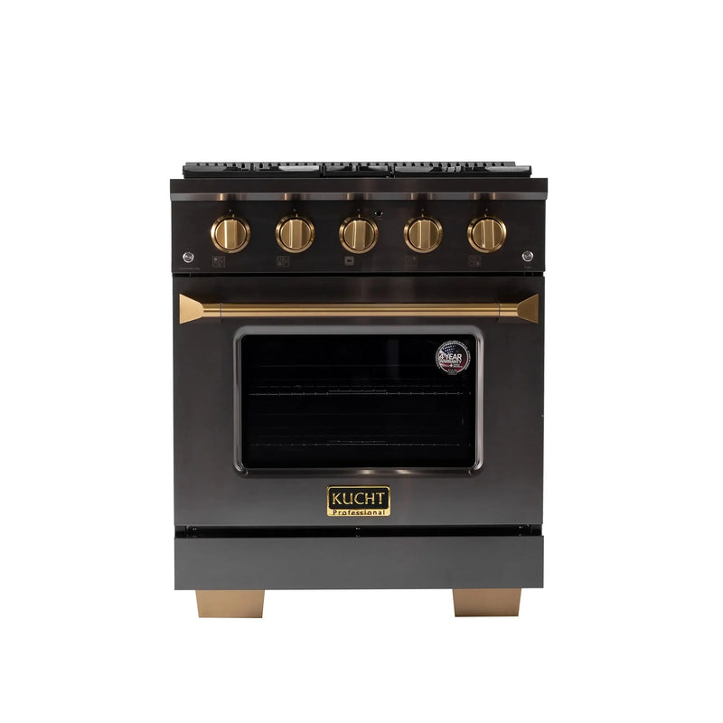 KUCHT Gemstone Professional 30-Inch 4.2 cu. ft. Natural Gas Range with Sealed Burners and Convection Oven in Titanium Stainless Steel with Gold Accents KEG303