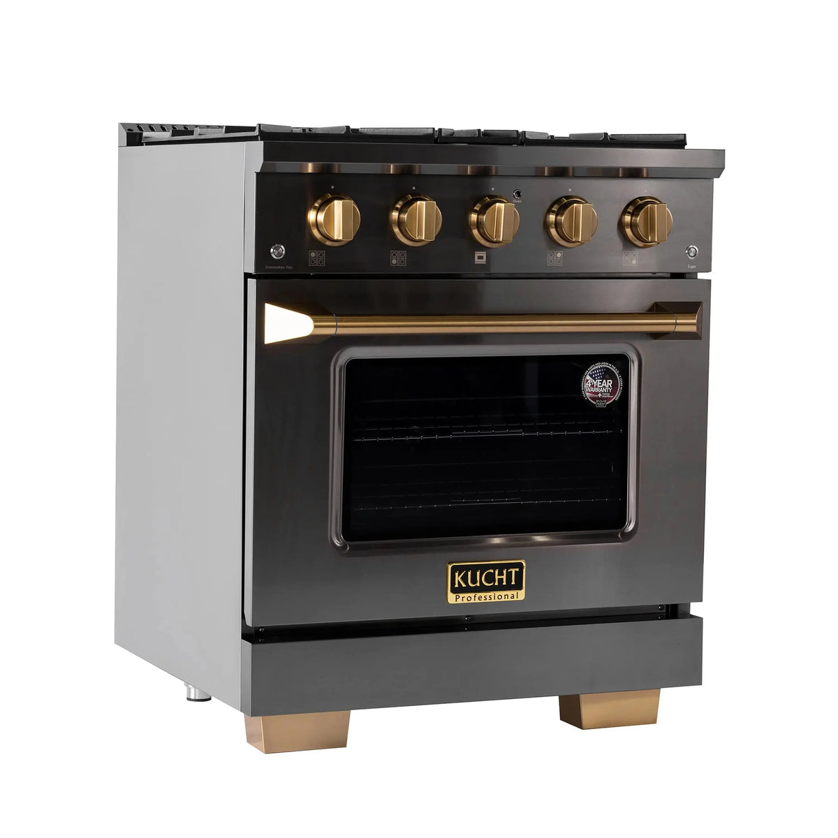 KUCHT Gemstone Professional 30-Inch 4.2 cu. ft. Propane Gas Range with Sealed Burners and Convection Oven in Titanium Stainless Steel with Gold Accents KEG303/LP