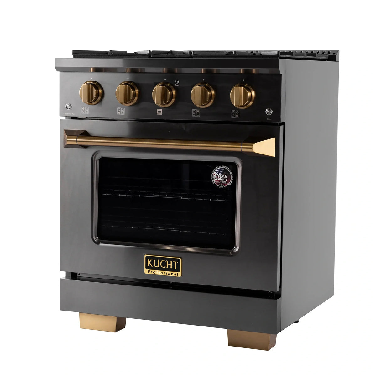 KUCHT Gemstone Professional 30-Inch 4.2 cu. ft. Propane Gas Range with Sealed Burners and Convection Oven in Titanium Stainless Steel with Gold Accents KEG303/LP