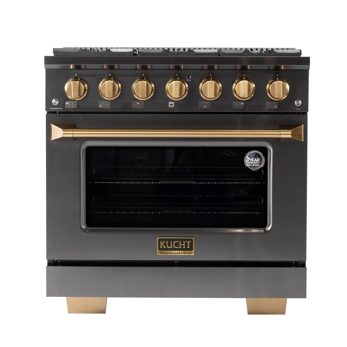 KUCHT Gemstone Professional 36-Inch 5.2 cu. ft. Propane Gas Range with Sealed Burners and Convection Oven in Titanium Stainless Steel with Gold Accents KEG363/LP